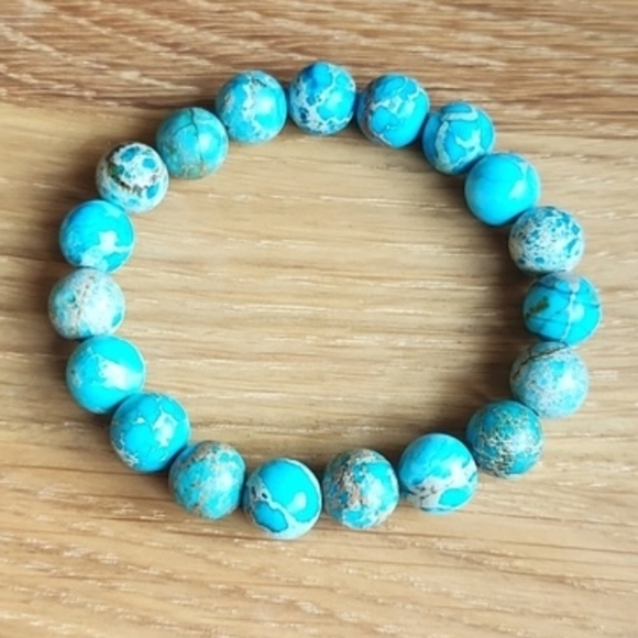 SOLD Turquoise Imperial Sea Sediment Jasper Bead Stretch Hand Crafted Bracelet - Picture 7 of 9